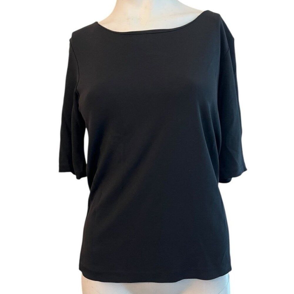 LAUREN RALPH LAUREN Ladies Medium Short Sleeve Rayon Blouse Black Travelers